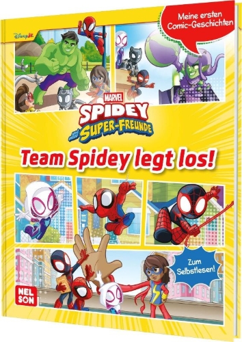 Buchcover und Innenansicht für das Buch: Spidey und seine Super-Freunde: Meine ersten Comic-Geschichten: Team Spidey legt los!