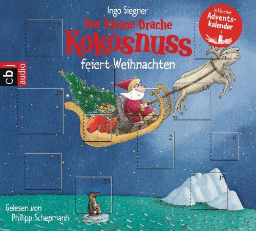 Buchcover und Innenansicht für das Buch: Der kleine Drache Kokosnuss feiert Weihnachten