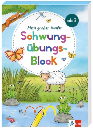 Buchcover und Innenansicht für das Buch: Mein großer bunter Schwungübungs-Block ab 3 Jahren