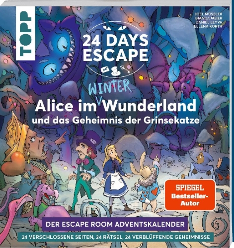 Buchcover und Innenansicht für das Buch: 24 DAYS ESCAPE - Der Escape Room Adventskalender: Alice im Wunderland und das Geheimnis der Grinsekatze