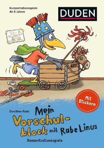 Buchcover und Innenansicht für das Buch: Mein Vorschulblock mit Rabe Linus -Konzentrationsspiele