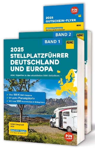 Buchcover und Innenansicht für das Buch: ADAC Stellplatzführer 2025 Deutschland und Europa