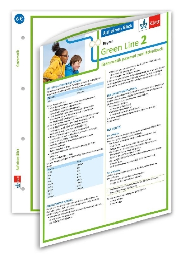 Buchcover und Innenansicht für das Buch: Green Line 2 Bayern Klasse 6 - Auf einen Blick. Grammatik passend zum Schulbuch - Klappkarte (6 Seiten)