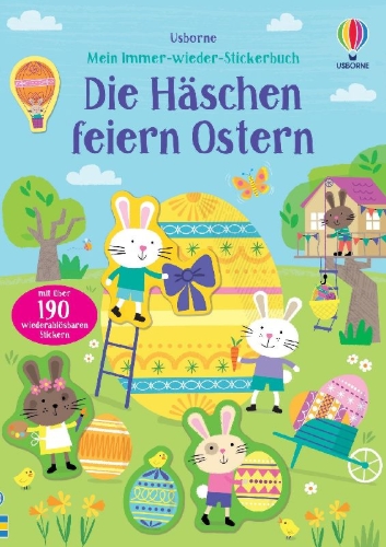 Buchcover und Innenansicht für das Buch: Mein Immer-wieder-Stickerbuch: Die Häschen feiern Ostern