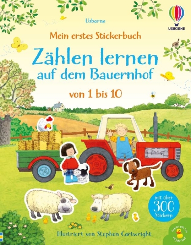 Buchcover und Innenansicht für das Buch: Mein erstes Stickerbuch: Zählen lernen auf dem Bauernhof