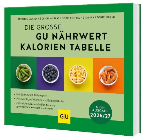 Buchcover und Innenansicht für das Buch: Die große GU Nährwert-Kalorien-Tabelle 2026/27