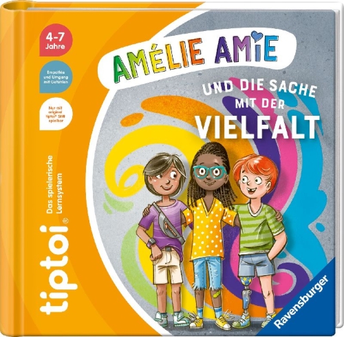 Buchcover und Innenansicht für das Buch: tiptoi® Bildergeschichten über den Umgang mit Gefühlen - Amélie Amie und die Sache mit der Vielfalt