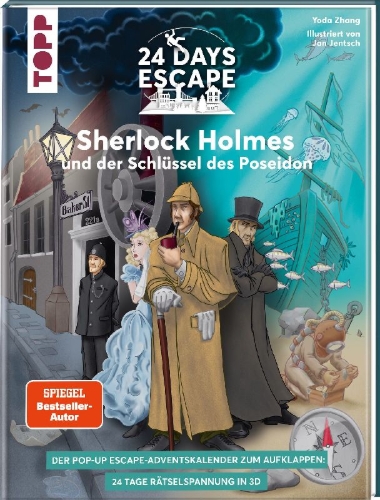 Buchcover und Innenansicht für das Buch: 24 DAYS ESCAPE 3D Pop-Up-Adventskalender- Sherlock Holmes und der Schlüssel des Poseidon