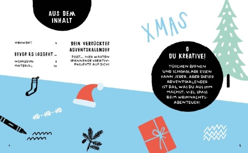 Buchcover und Innenansicht für das Buch: Mein verrückter Adventskalender - Das Mitmachbuch: zeichnen, schneiden, kleben