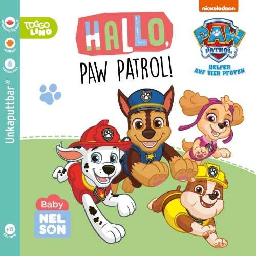 Buchcover und Innenansicht für das Buch: PAW Patrol Lernbuch: Baby Nelson (unkaputtbar) 2: Hallo, PAW Patrol!