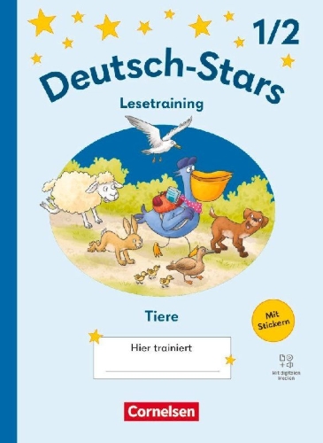 Buchcover und Innenansicht für das Buch: Deutsch-Stars 1./2. Schuljahr - Lesetraining Ausgabe 2025 - Lesetraining für Tierfreunde - Übungsheft - Mit Lösungen und digitalen Medien