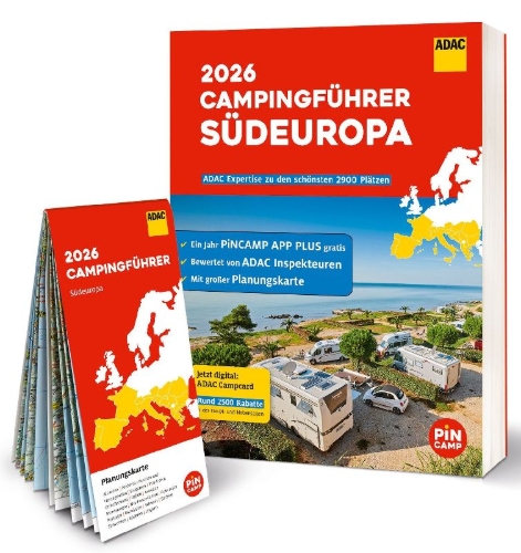 Buchcover und Innenansicht für das Buch: ADAC Campingführer Südeuropa 2026