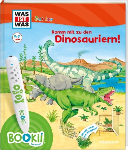 Buchcover und Innenansicht für das Buch: BOOKii® WAS IST WAS Junior Komm mit zu den Dinosauriern!