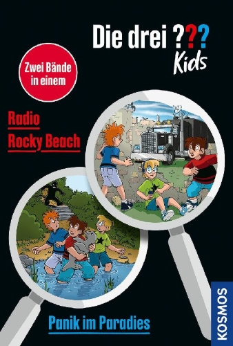 Buchcover und Innenansicht für das Buch: Die drei ??? Kids, Panik im Paradies / Radio Rocky Beach (Doppelband)