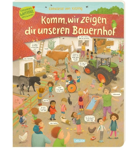 Buchcover und Innenansicht für das Buch: Komm, wir zeigen dir unseren Bauernhof (Constanze von Kitzings Wimmelgeschichten 3)