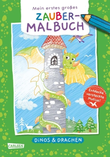 Buchcover und Innenansicht für das Buch: Ausmalbilder für Kita-Kinder: Mein erstes großes Zauber-Malbuch: Dinos & Drachen