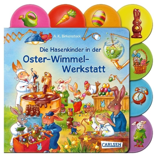 Buchcover und Innenansicht für das Buch: Die Hasenkinder in der Oster-Wimmel-Werkstatt