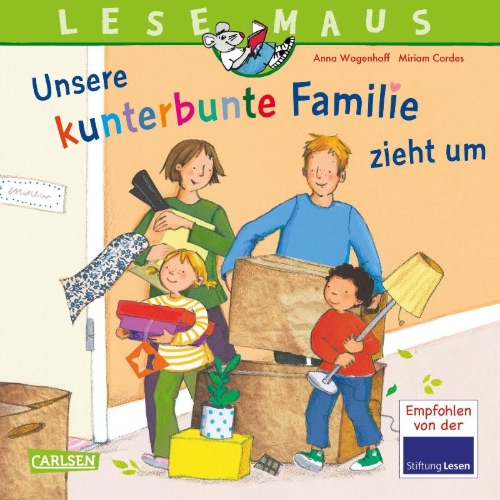 Buchcover und Innenansicht für das Buch: LESEMAUS 171: Unsere kunterbunte Familie zieht um