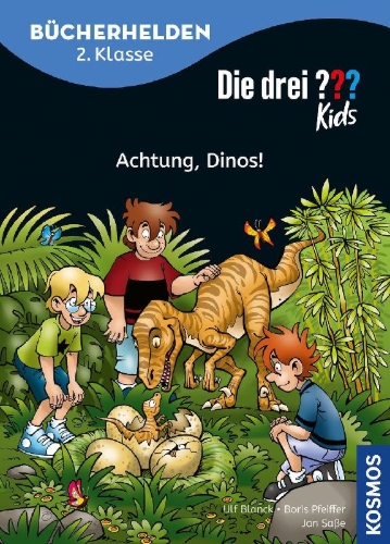 Buchcover und Innenansicht für das Buch: Die drei ??? Kids, Bücherhelden 2. Klasse, Achtung, Dinos!