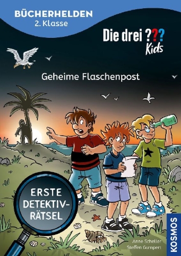 Buchcover und Innenansicht für das Buch: Die drei ??? Kids, Bücherhelden 2. Klasse, Geheime Flaschenpost
