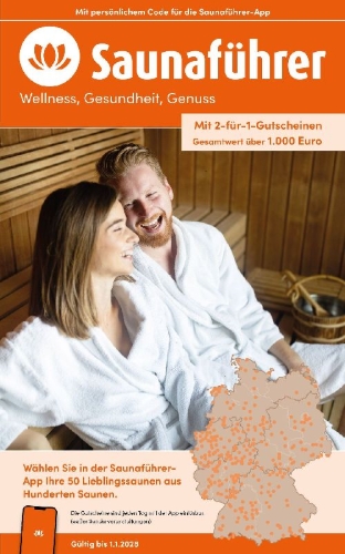 Buchcover und Innenansicht für das Buch: Saunaführer 2026/2027 - Wellness, Gesundheit, Genuss