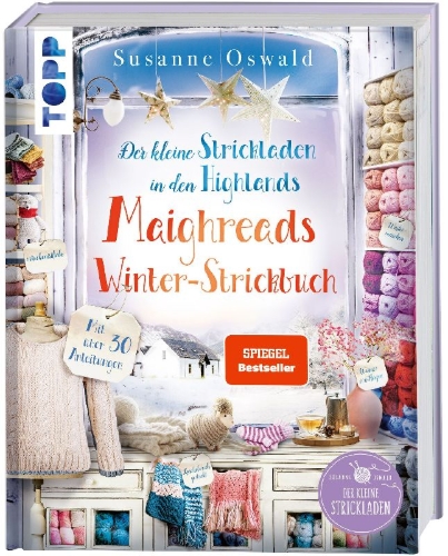 Buchcover und Innenansicht für das Buch: Der kleine Strickladen in den Highlands. Maighreads Winter-Strickbuch