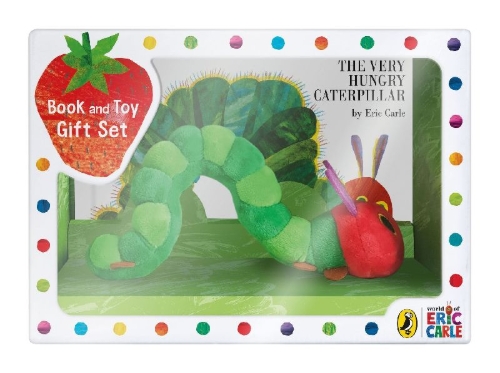 Buchcover und Innenansicht für das Buch: The Very Hungry Caterpillar. Book and Plush-Toy