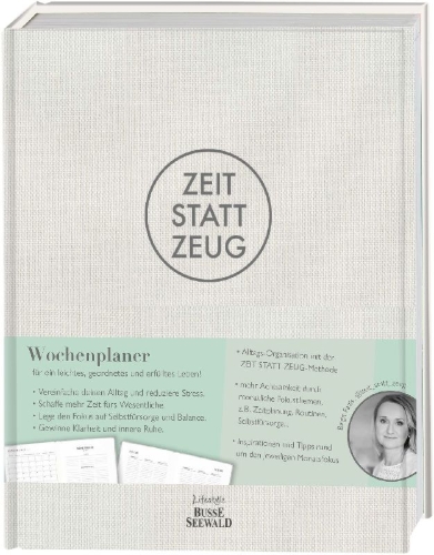 Buchcover und Innenansicht für das Buch: Zeit statt Zeug: Wochenplaner