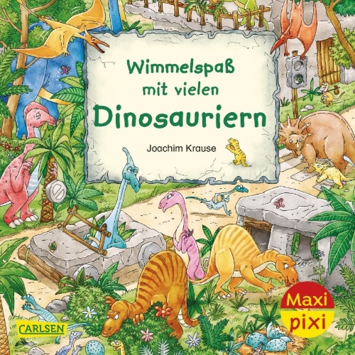 Buchcover und Innenansicht für das Buch: Maxi Pixi 337: VE 5 Wimmelspaß mit vielen Dinosauriern (5 Exemplare)
