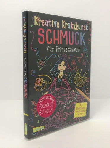 Buchcover und Innenansicht für das Buch: Kreative Kratzkunst: Schmuck für Prinzessinnen: Set mit 10 Kratzbildern, Anleitungsbuch und Holzstift