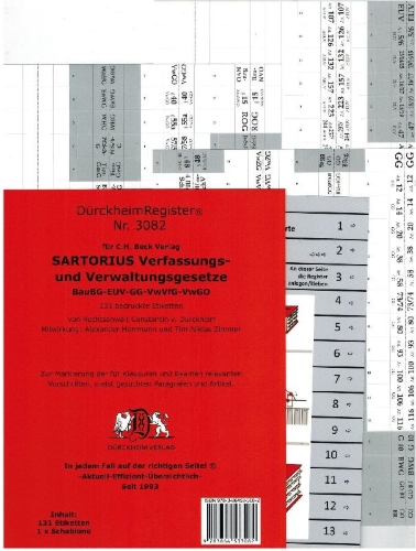 Buchcover und Innenansicht für das Buch: DürckheimRegister SARTORIUS 3082 - Verwaltungs- und Verfassungsgesetze 2022