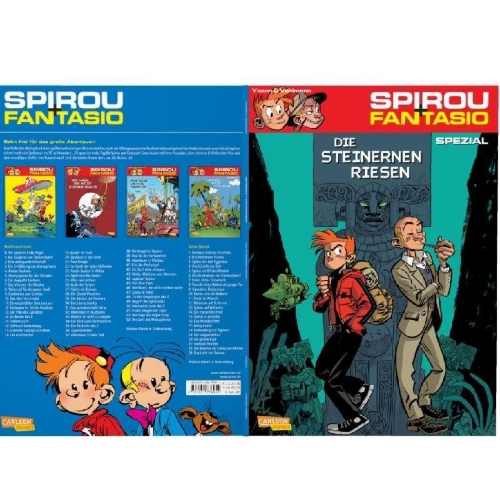 Buchcover und Innenansicht für das Buch: Spirou und Fantasio Spezial. Die steinernen Riesen
