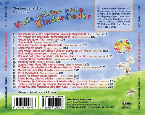 Buchcover und Innenansicht für das Buch: Viele schöne neue Kinderlieder - Ich schenk dir einen Regenbogen, Augen Ohren Nase u.a.m.