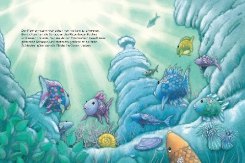 Buchcover und Innenansicht für das Buch: Der Regenbogenfisch stiftet Frieden