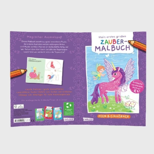 Buchcover und Innenansicht für das Buch: Ausmalbilder für Kita-Kinder: Mein erstes großes Zauber-Malbuch: Feen & Einhörner