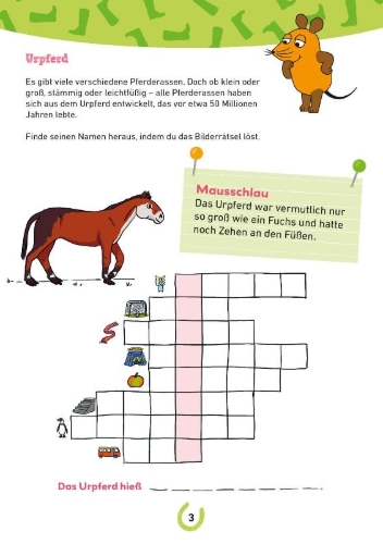 Buchcover und Innenansicht für das Buch: Frag doch mal ... die Maus: Mein Rätselblock mit der Maus - Pferde und Ponys