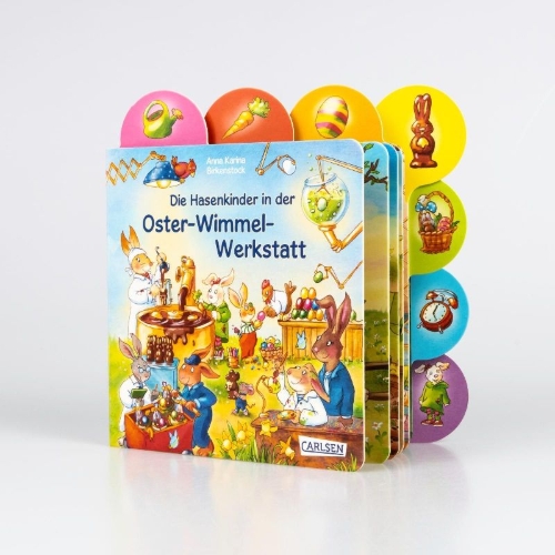 Buchcover und Innenansicht für das Buch: Die Hasenkinder in der Oster-Wimmel-Werkstatt