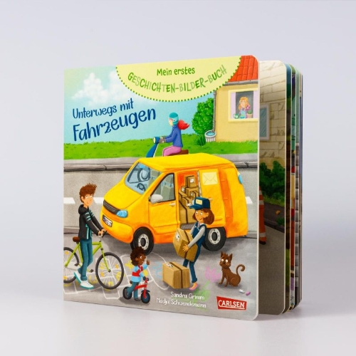 Buchcover und Innenansicht für das Buch: Mein erstes Geschichten-Bilder-Buch: Unterwegs mit Fahrzeugen