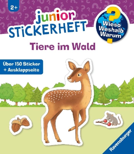 Buchcover und Innenansicht für das Buch: Wieso? Weshalb? Warum? junior Stickerheft - Tiere im Wald