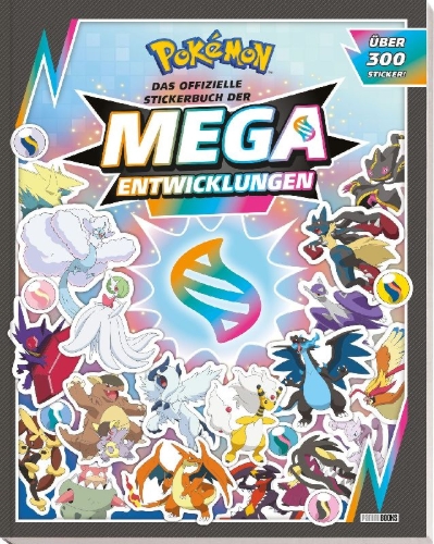 Buchcover und Innenansicht für das Buch: Pokémon: Das offizielle Stickerbuch der Mega-Entwicklungen