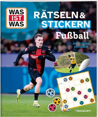 Buchcover und Innenansicht für das Buch: WAS IST WAS Rätseln und Stickern: Fußball