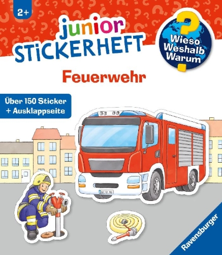 Buchcover und Innenansicht für das Buch: Wieso? Weshalb? Warum? junior Stickerheft - Feuerwehr