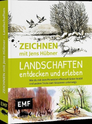 Buchcover und Innenansicht für das Buch: Zeichnen mit Jens Hübner: Landschaften entdecken und erleben