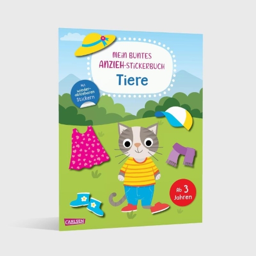 Buchcover und Innenansicht für das Buch: Mein buntes Anzieh-Stickerbuch: Tiere
