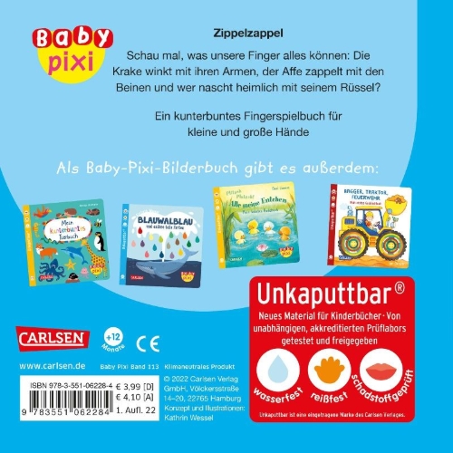 Buchcover und Innenansicht für das Buch: Baby Pixi (unkaputtbar) 113: Zippelzappel Trippeltrappel