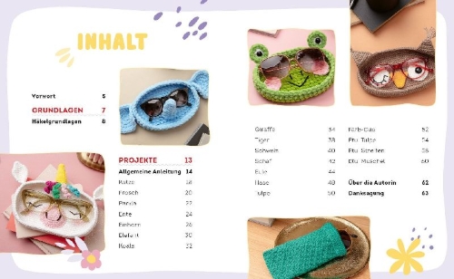 Buchcover und Innenansicht für das Buch: Brillies häkeln: Niedliche Amigurumi-Brillenhalter | Für Lese- und Sonnenbrillen