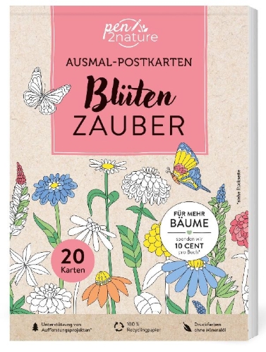 Buchcover und Innenansicht für das Buch: Ausmal-Postkarten Blütenzauber | 20 Karten