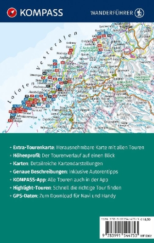 Buchcover und Innenansicht für das Buch: KOMPASS Wanderführer Lofoten, Vesterålen und Senja, 70 Touren mit Extra-Tourenkarte