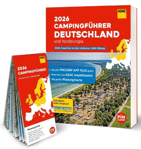 Buchcover und Innenansicht für das Buch: ADAC Campingführer Deutschland/Nordeuropa 2026