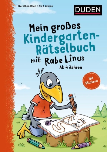 Buchcover und Innenansicht für das Buch: Mein großes Kindergarten-Rätselbuch mit Rabe Linus - ab 4 Jahren